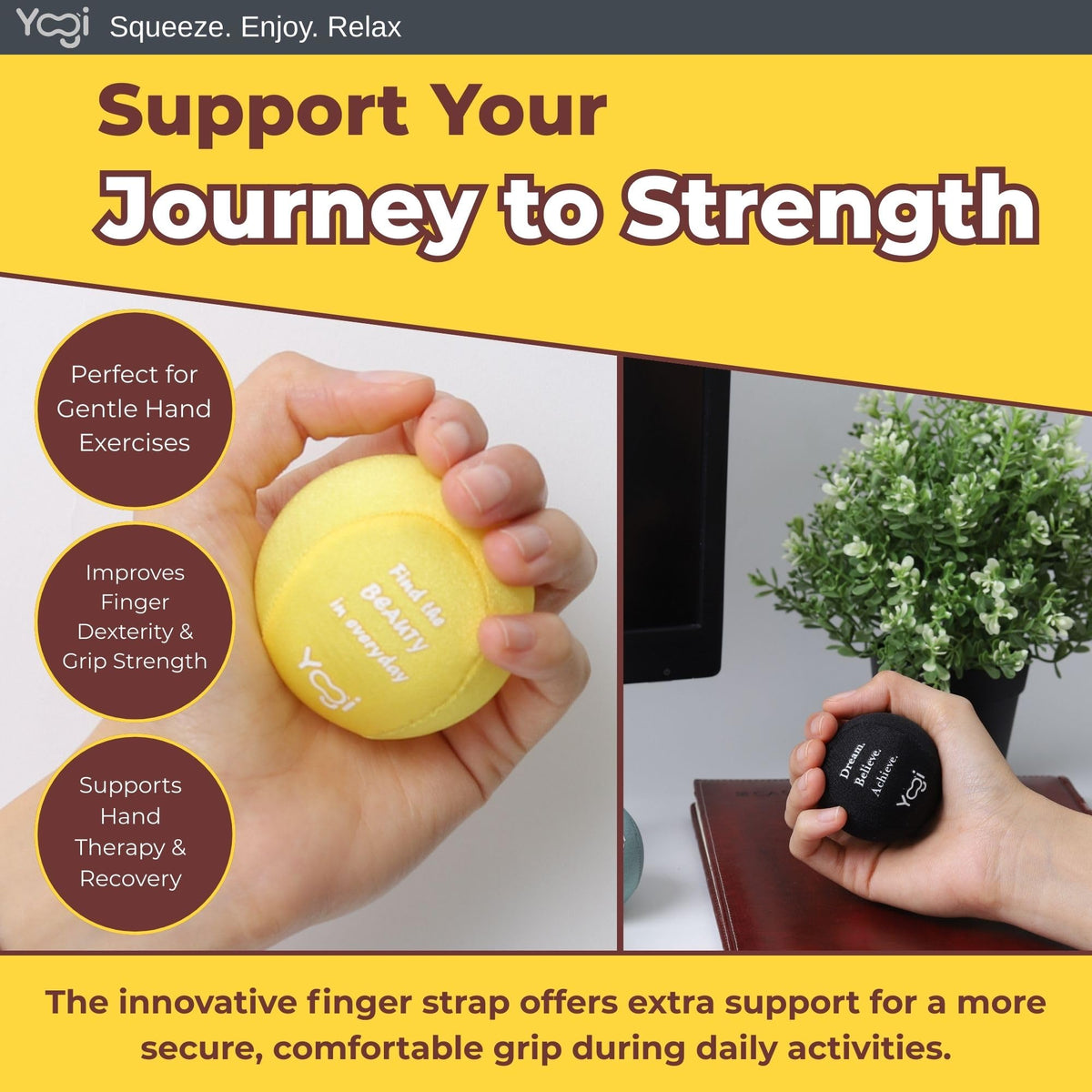 A user practicing hand exercises with LIGHTBULB IDEAS Yogi Stress Ball for focus.