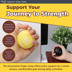 A user practicing hand exercises with LIGHTBULB IDEAS Yogi Stress Ball for focus.