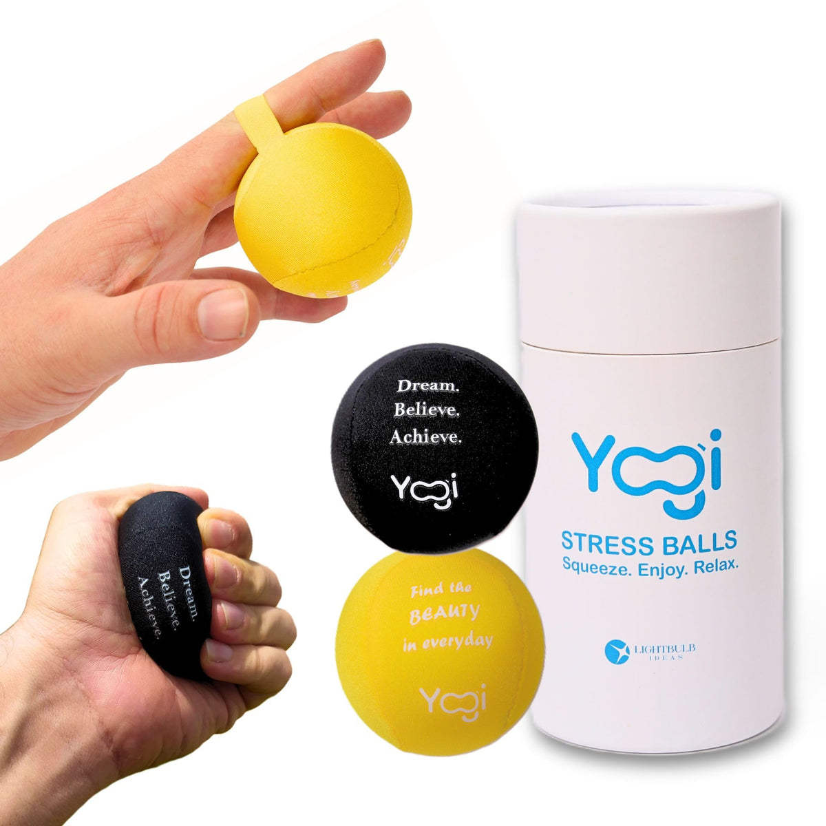 Detail shot of inspirational quote on LIGHTBULB IDEAS Yogi Stress Ball.