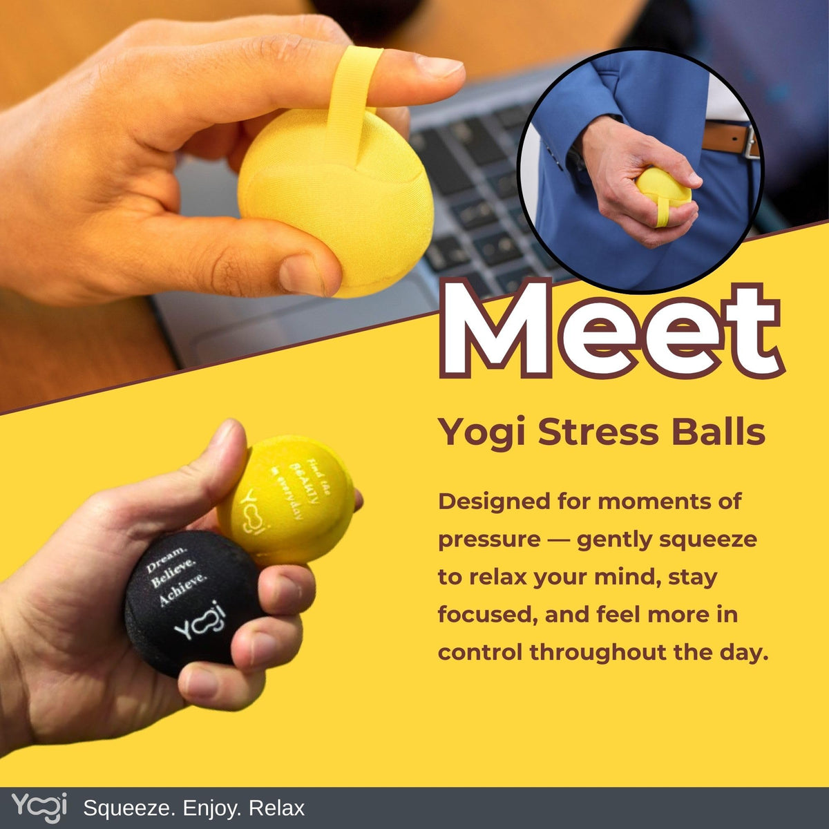 Closeup of the soft gel cover on LIGHTBULB IDEAS Yogi Stress Ball for tactile resistance.