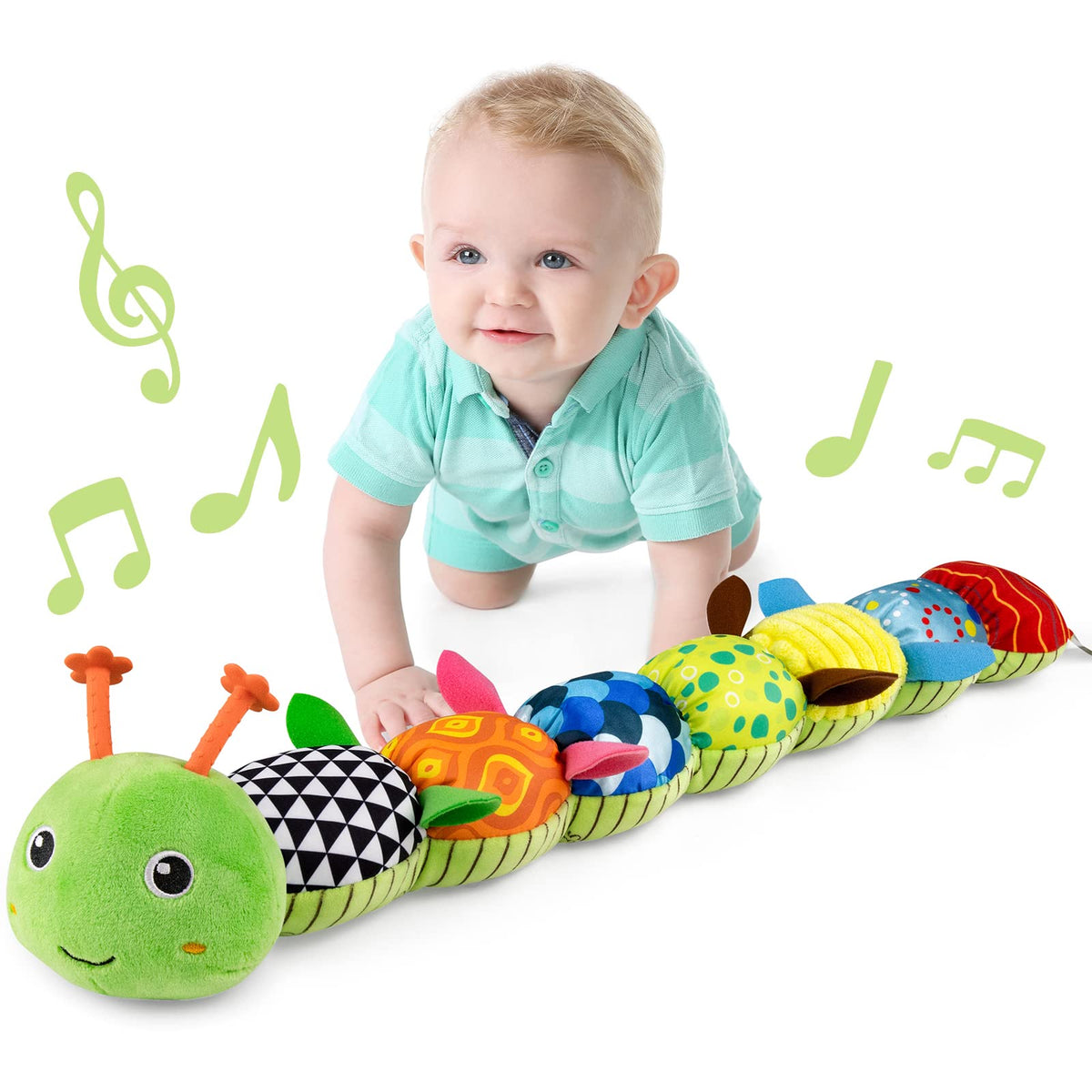 LightDESIRE musical caterpillar front view soft sensory toy for babies.
