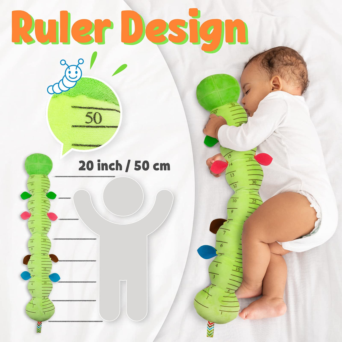 LightDESIRE caterpillar tummy features a 20-inch ruler to track growth milestones.