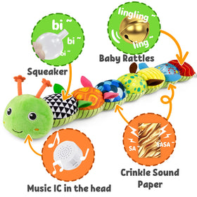 LightDESIRE caterpillar with rattle and bell adds gentle auditory stimulation.