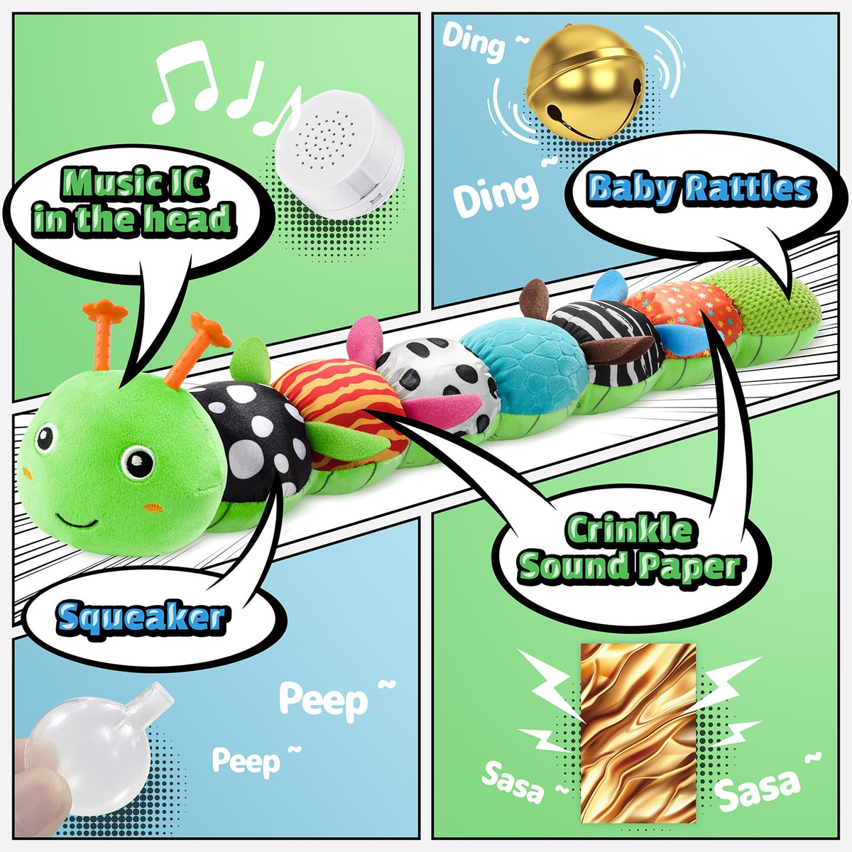 LIGHTDESIRE Caterpillar body sounds encourage auditory exploration and fine motor play.