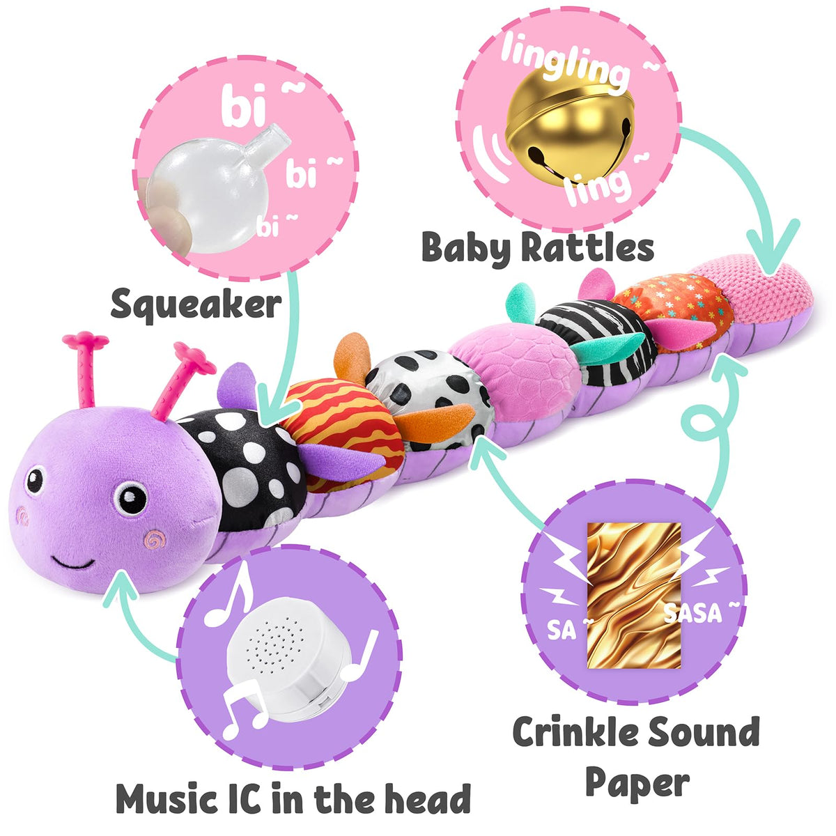 LIGHTDESIRE caterpillar tail rattle adds playful auditory engagement.