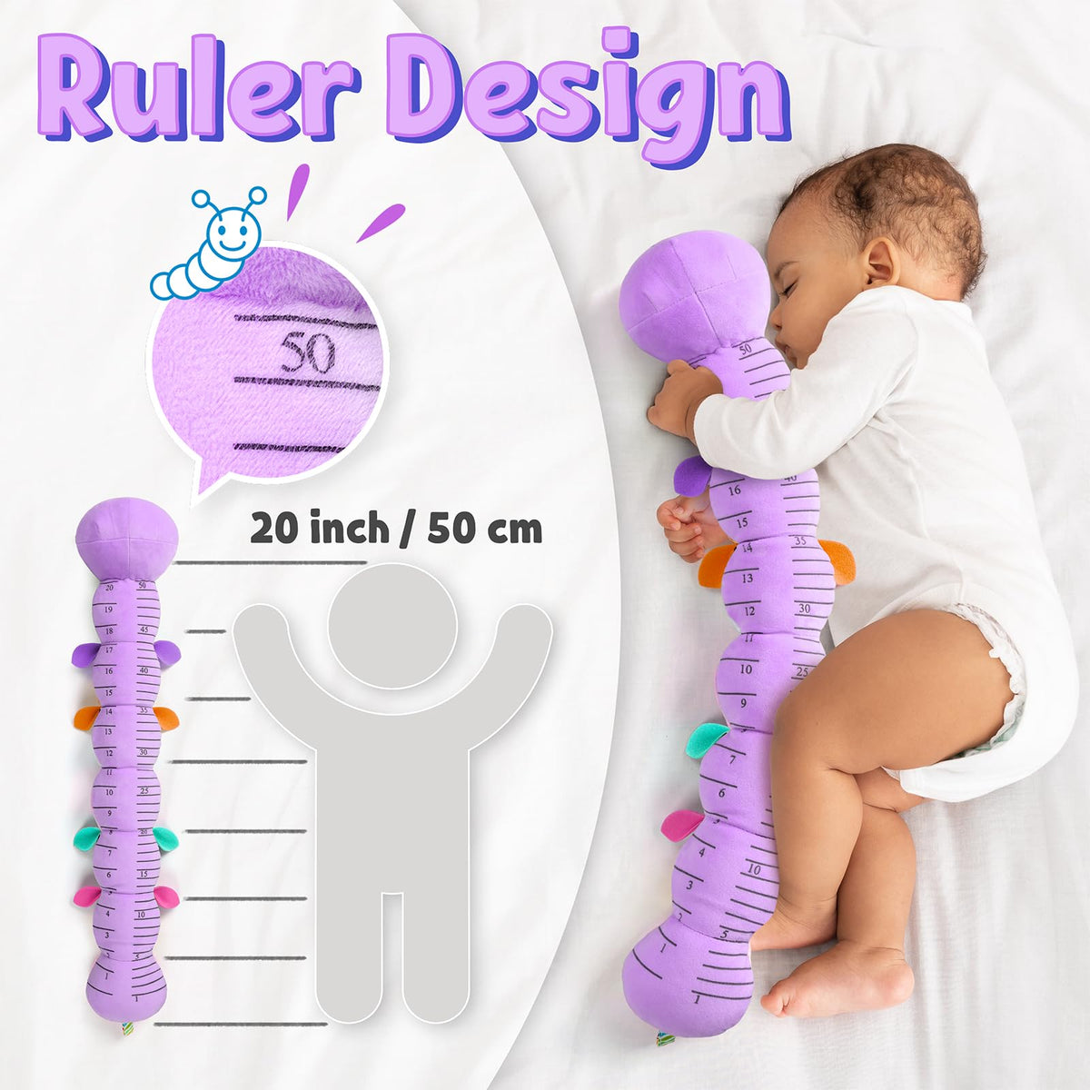 LIGHTDESIRE tummy-time caterpillar features a 20-inch growth ruler.