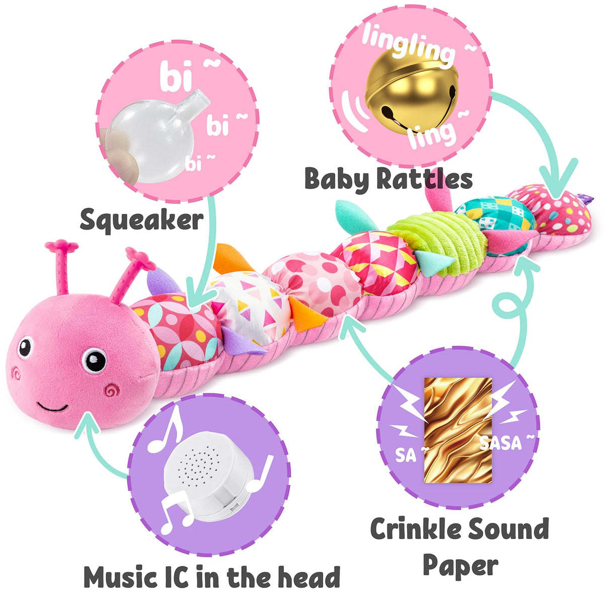 LIGHTDESIRE caterpillar crinkle feature enhances sensory discovery during play