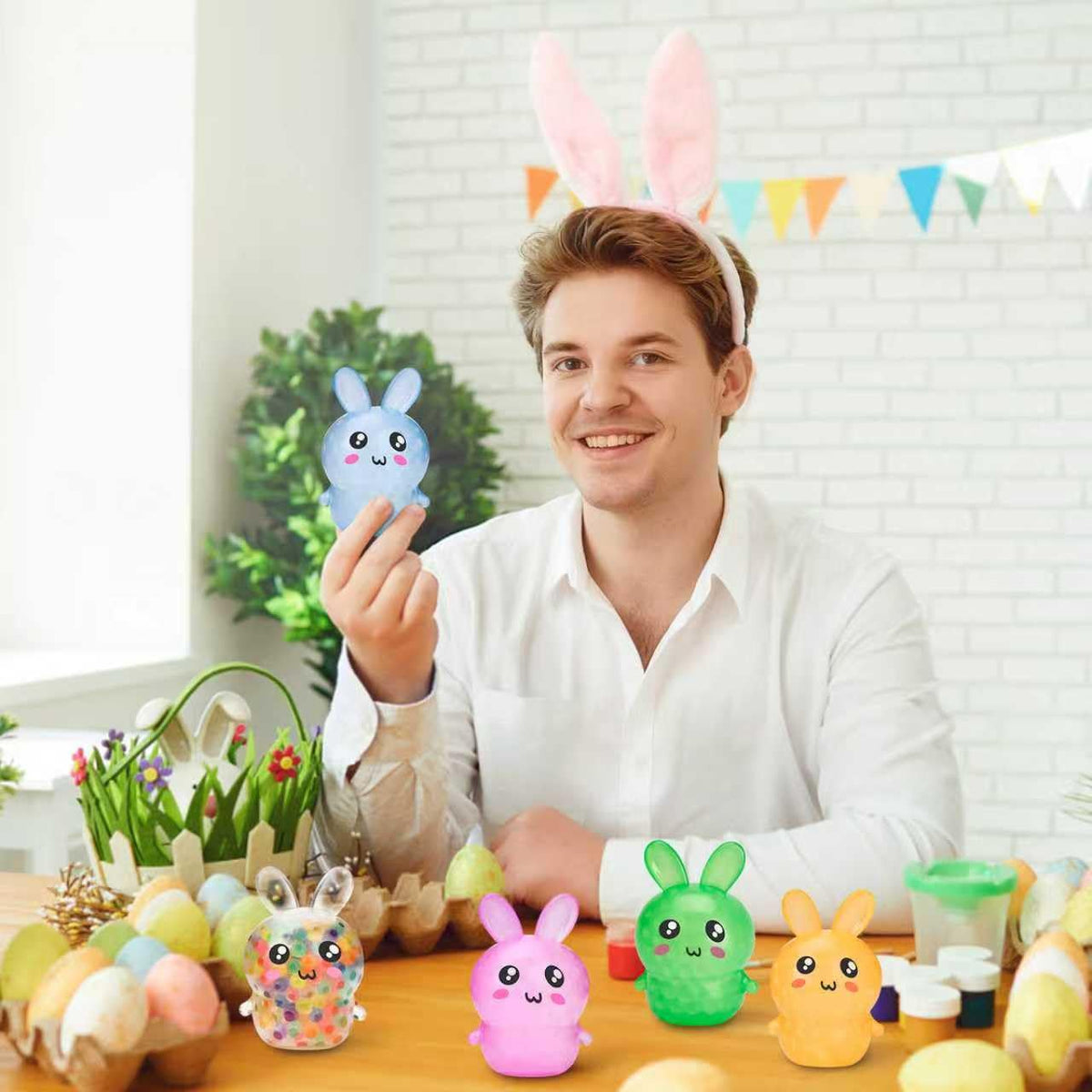 Likeny Easter bunny stress ball in use at desk for stress relief