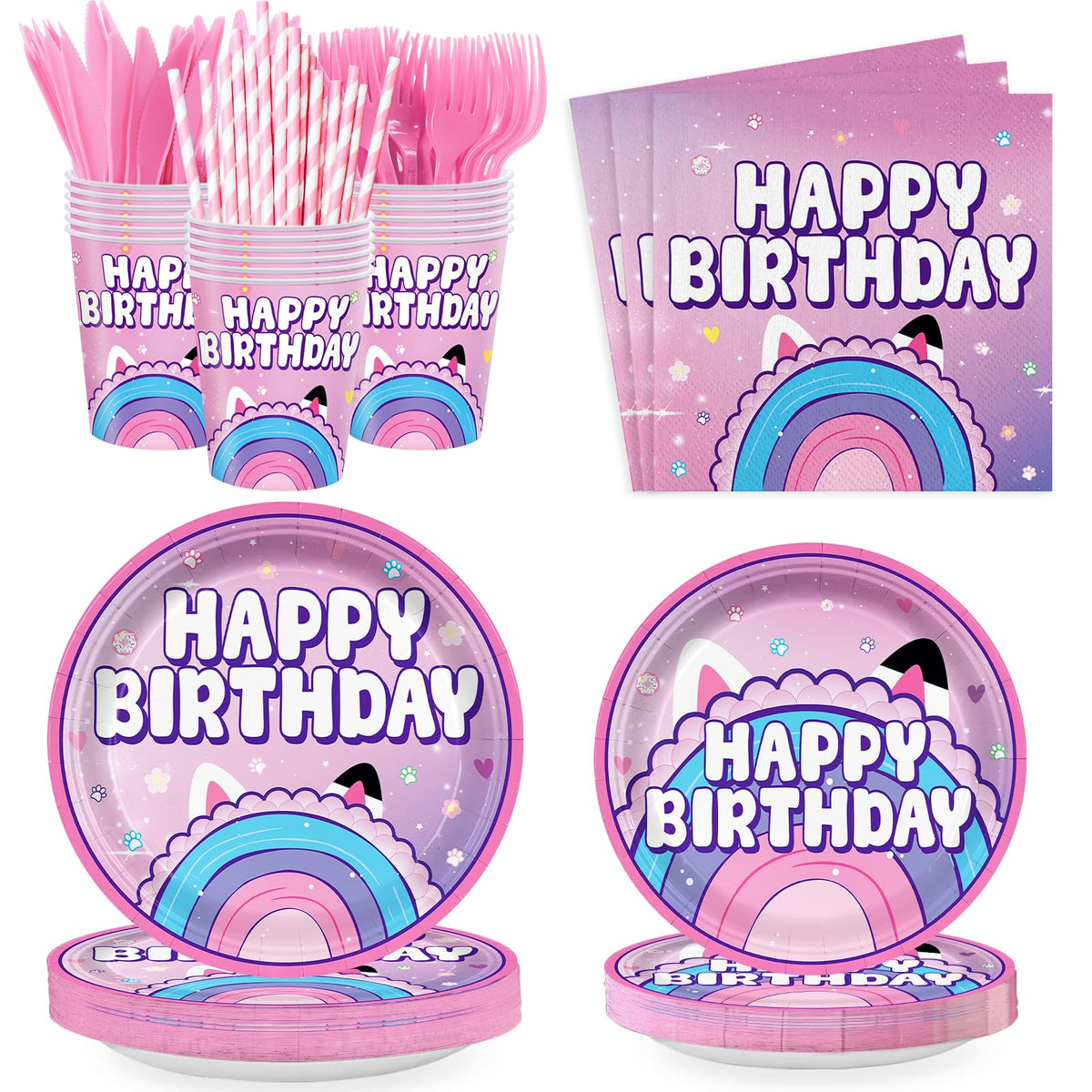 Likuyve dollhouse birthday plates for kids' party; vibrant pink and purple design for festive tables and easy cleanup.