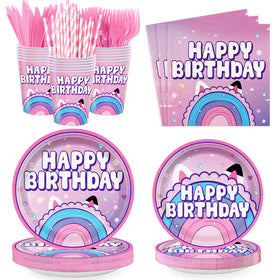 Likuyve dollhouse birthday plates for kids' party; vibrant pink and purple design for festive tables and easy cleanup.