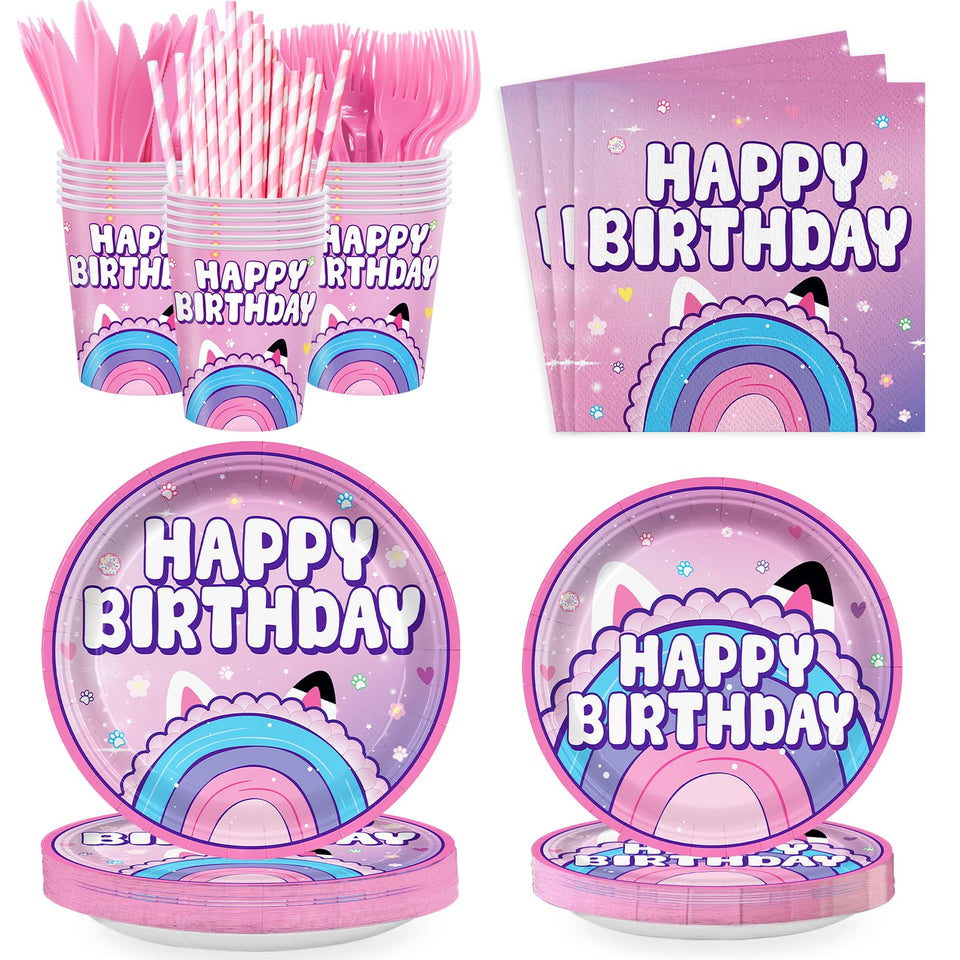 Likuyve dollhouse birthday plates for kids' party; vibrant pink and purple design for festive tables and easy cleanup.