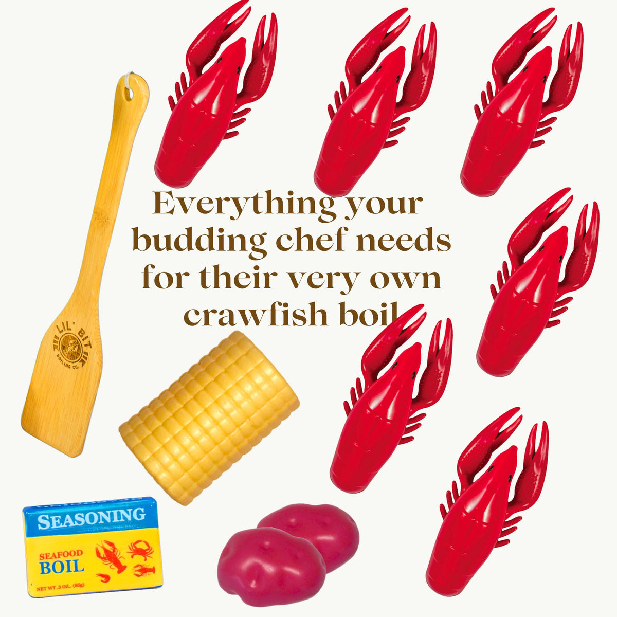 Lil' Bit Boiling Co. laser-engraved wooden paddle adds authentic kitchen feel.