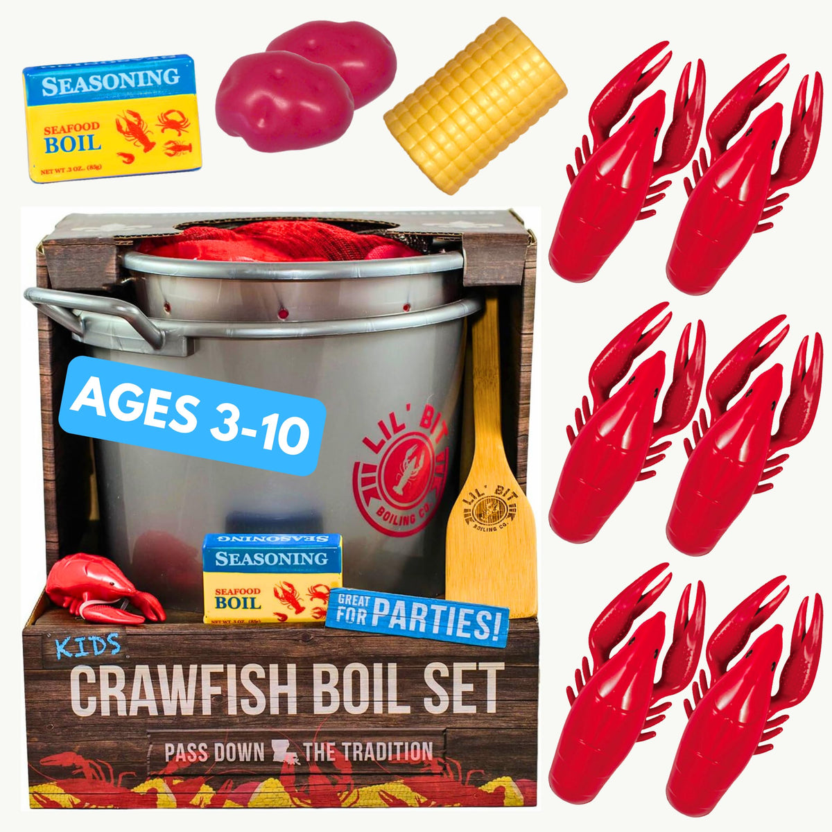 Lil' Bit Boiling Co. crawfish boil pot for imaginative play.