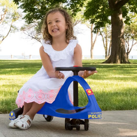 Lil' Rider Wiggle Car in police blue, rear view showing stability