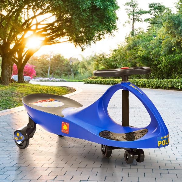 Lil' Rider Wiggle Car in police blue, side view for independent steering practice