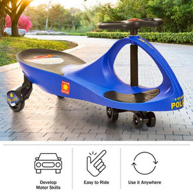 Lil' Rider Wiggle Car in police blue, wheel close-up for durability