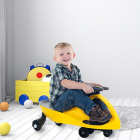 Lil' Rider Wiggle Car yellow side view: intuitive steering helps develop coordination