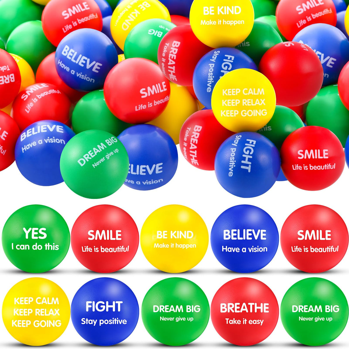 Liliful 48-piece motivational stress balls in a colorful set for daily focus and relief.