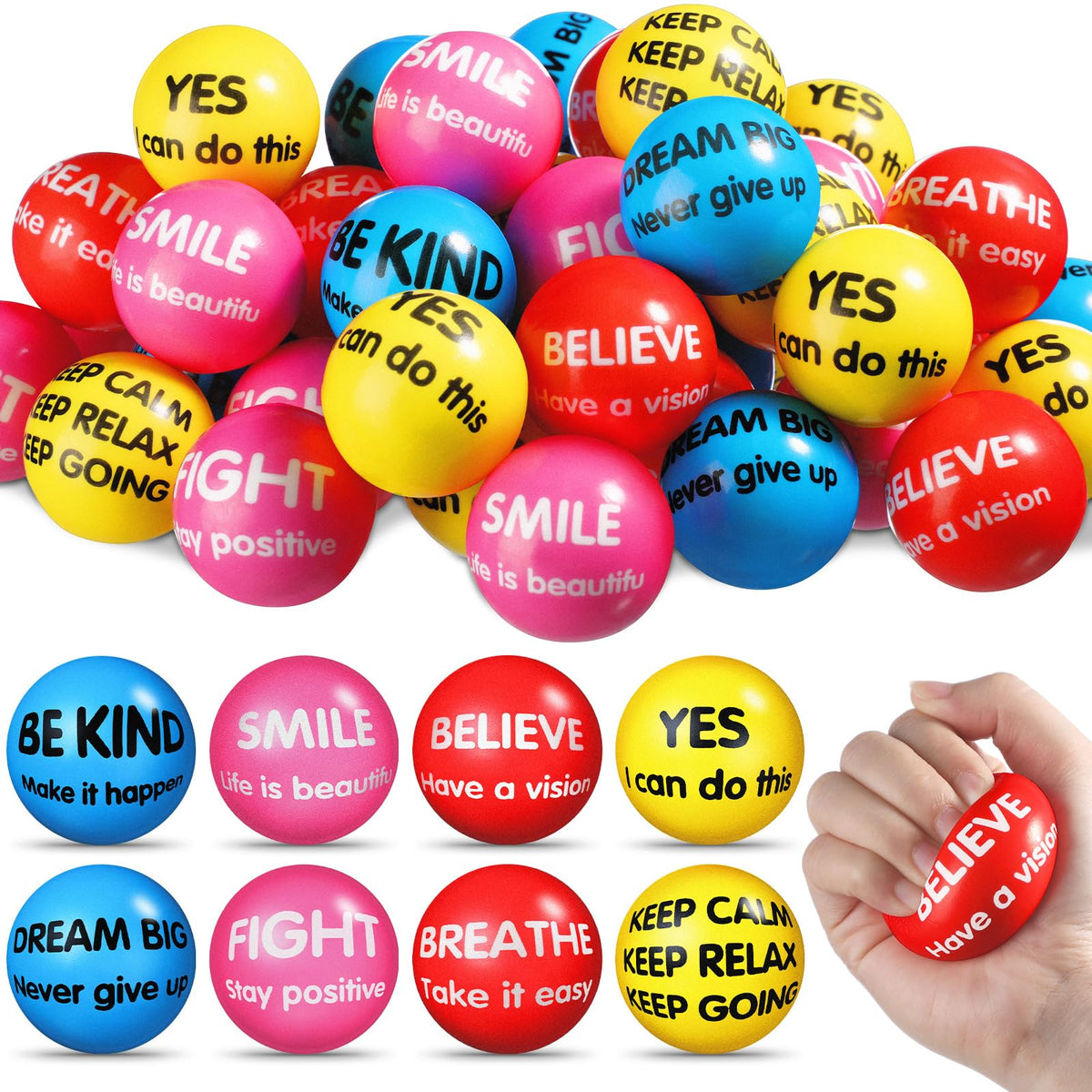 Liliful 48-piece motivational stress balls set for bulk sharing and rewards.