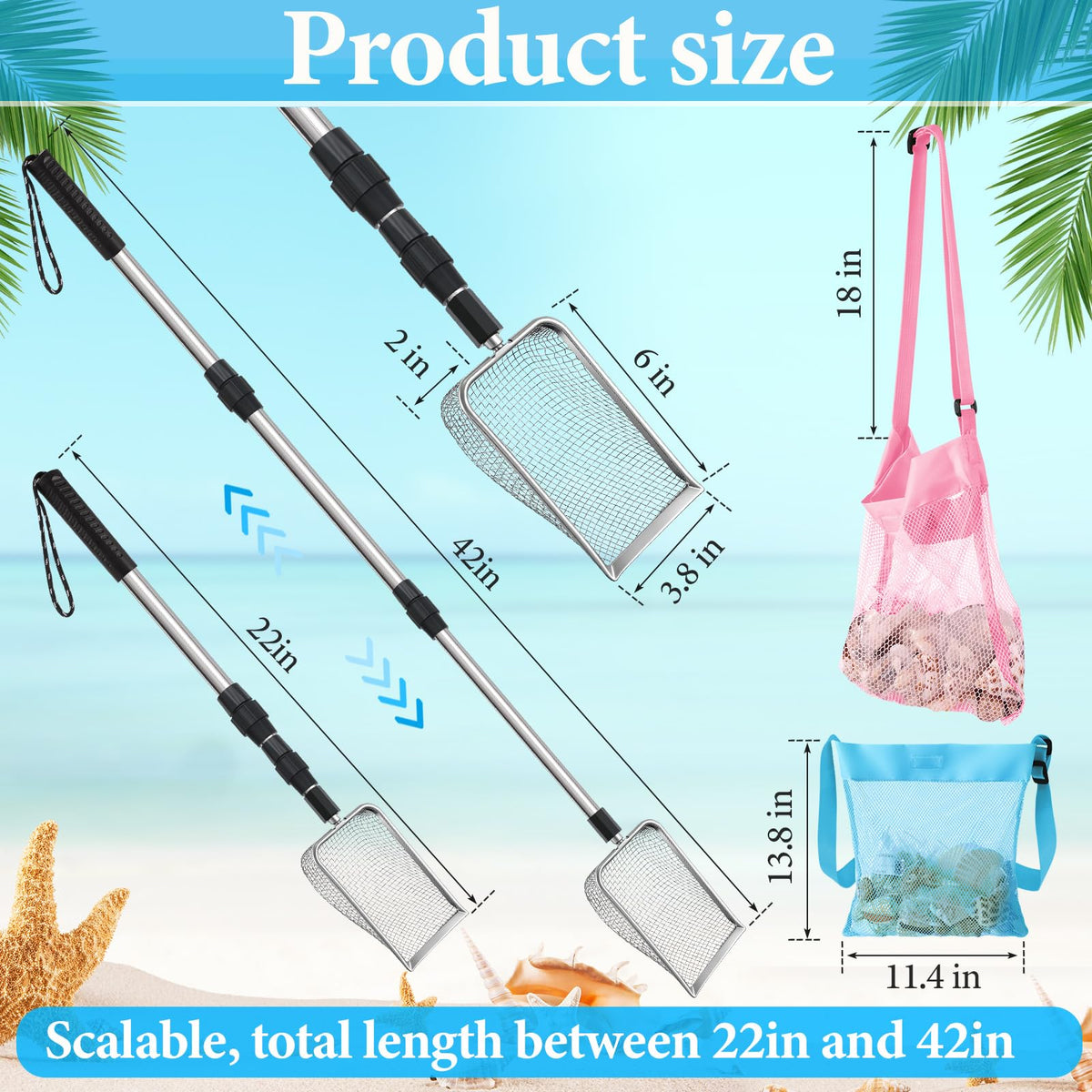 Liliful adjustable-handle sifter facilitates comfortable reach on the beach.