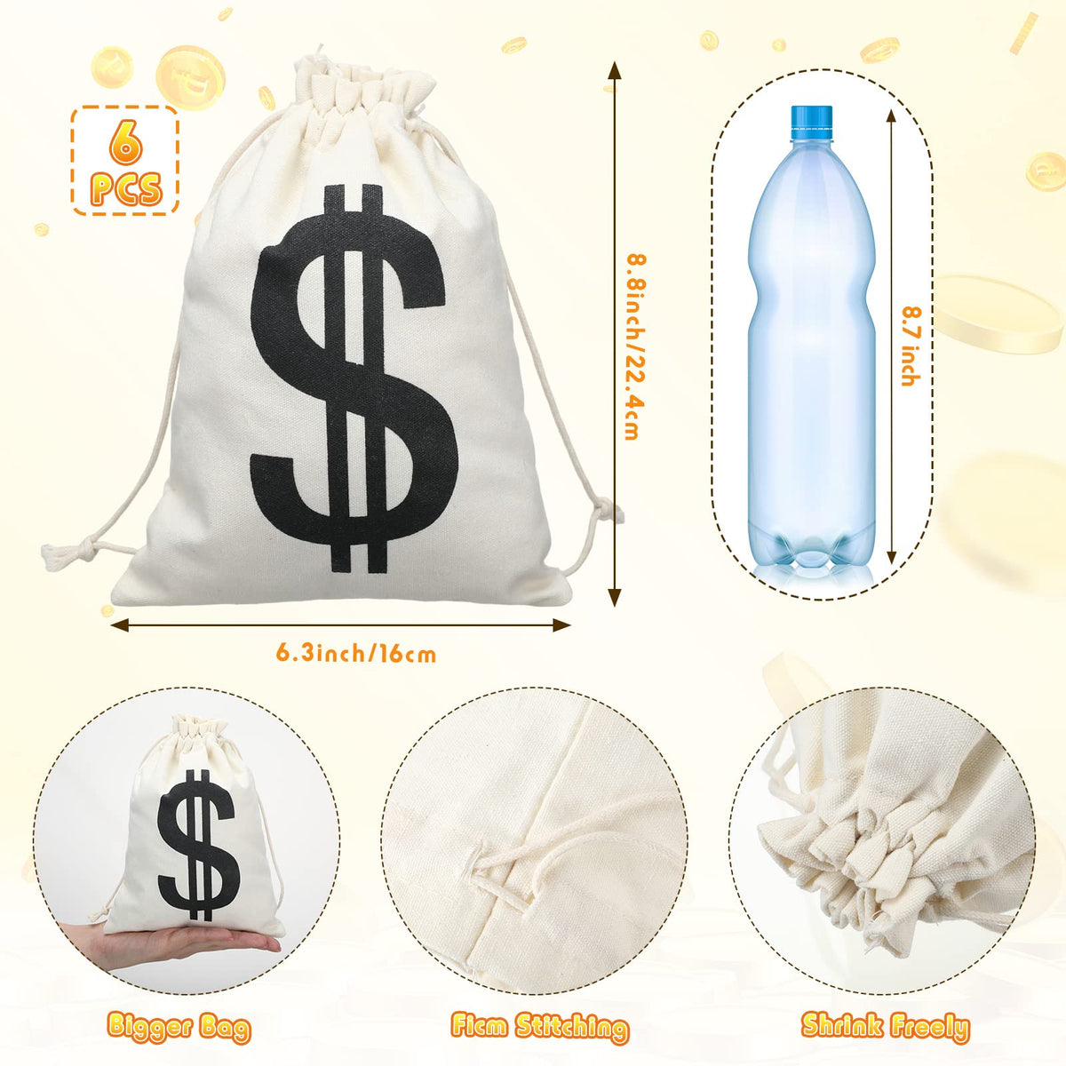 Liliful canvas money bags with drawstrings, ideal for stage props