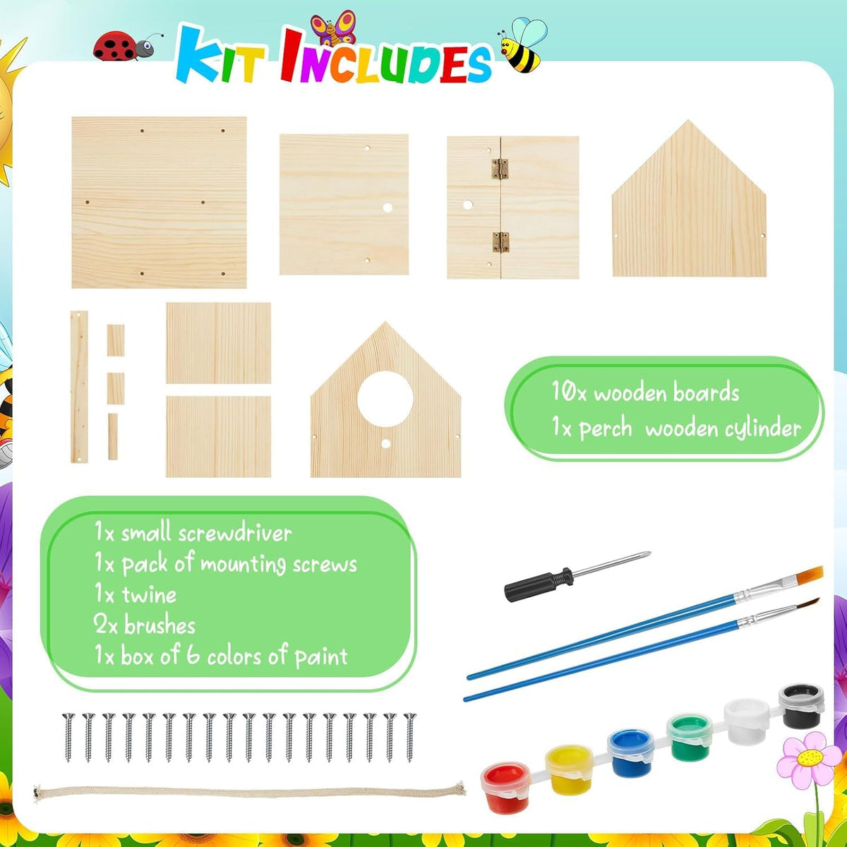 Liliful paint set and brushes ready for colorful, creative birdhouse decorating
