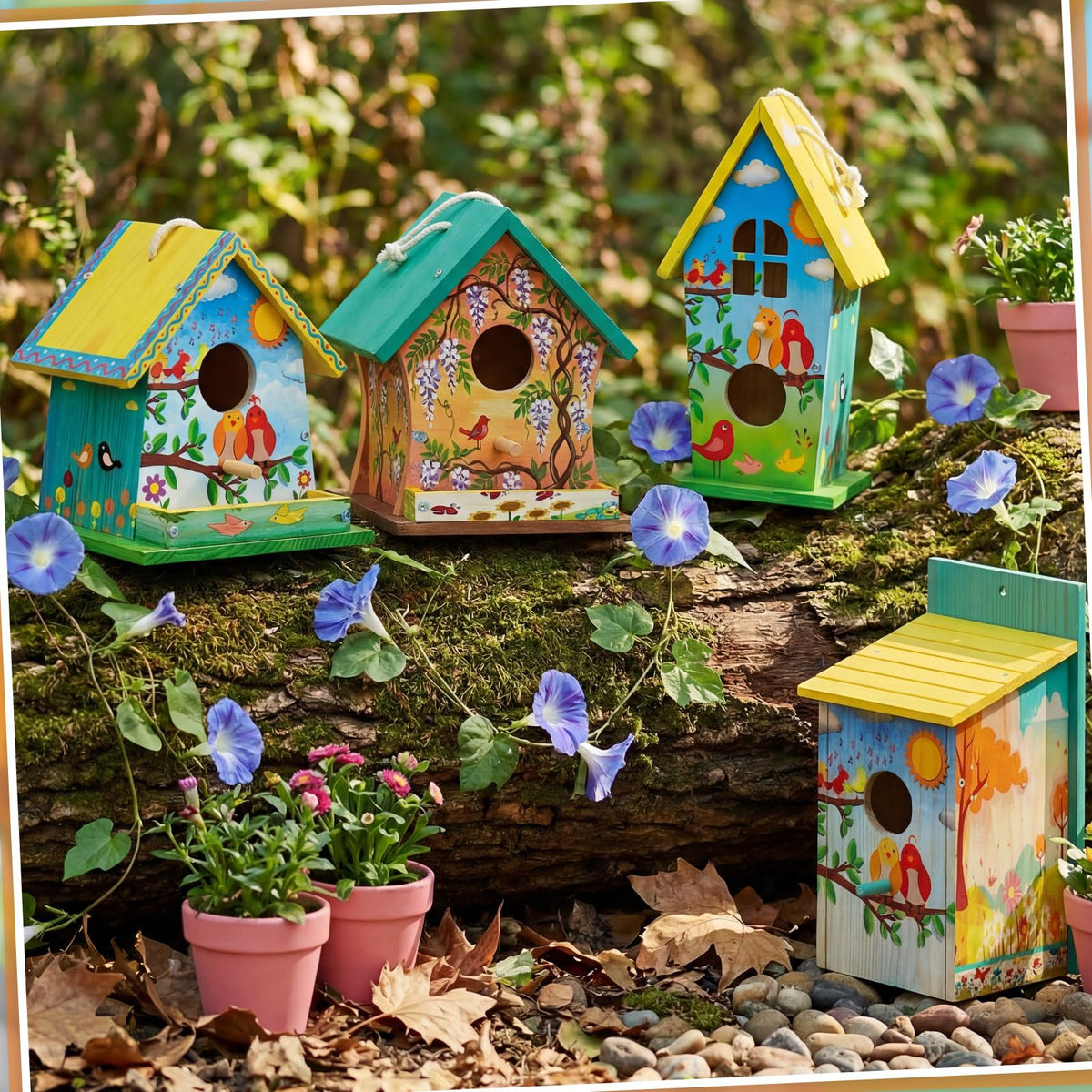 Liliful-painted birdhouses on display add vivid color and charming focal points
