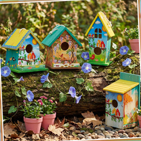 Liliful-painted birdhouses on display add vivid color and charming focal points