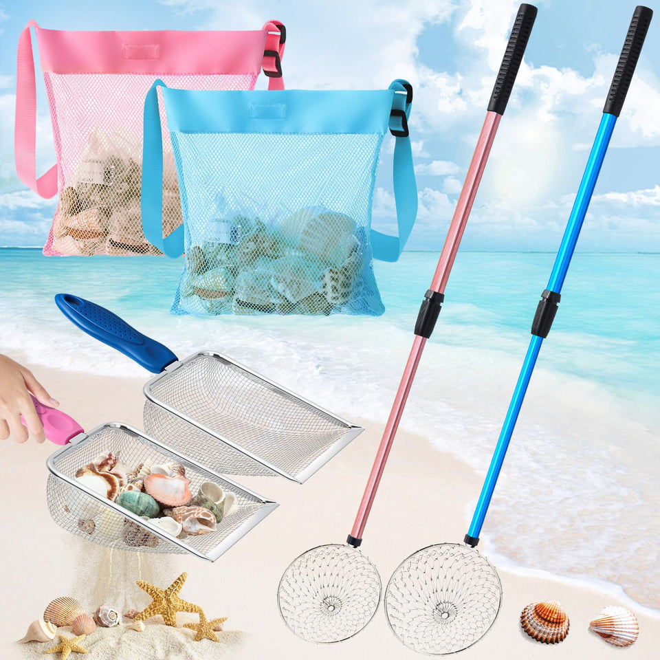 Liliful shark tooth sifter with adjustable pink handle for easy beach shelling.
