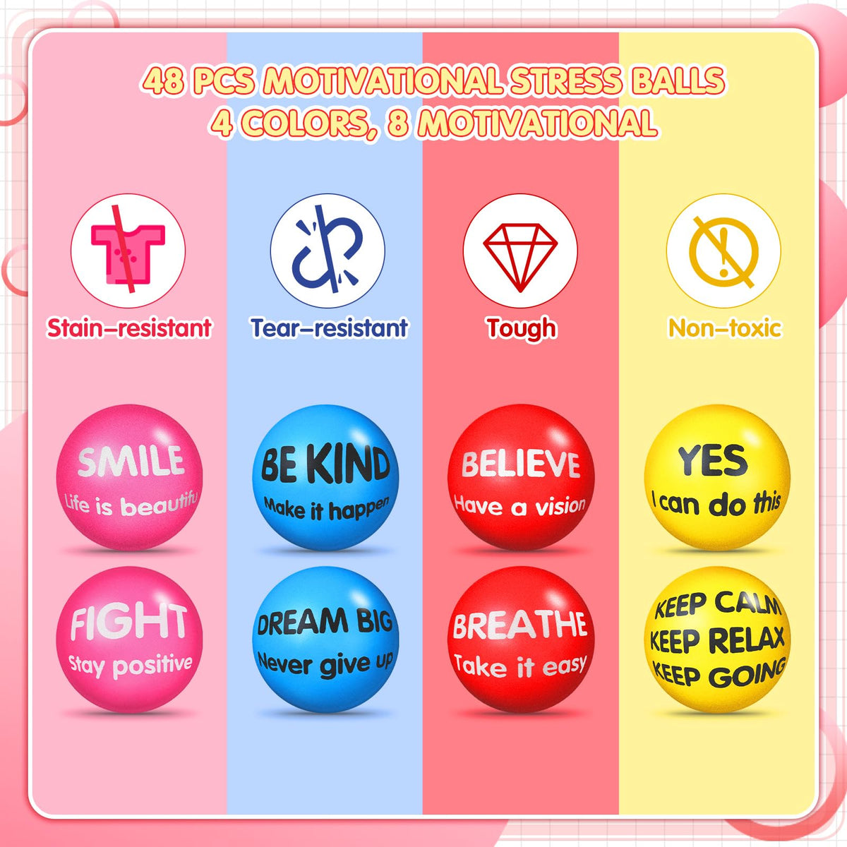 Liliful stress balls with inspirational prints to lift mood during tasks.