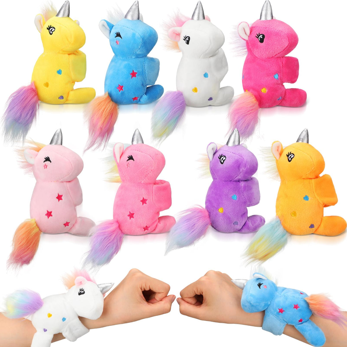 Liliful unicorn plush slap bracelet, 8-inch on wrist for playful kids' fun.