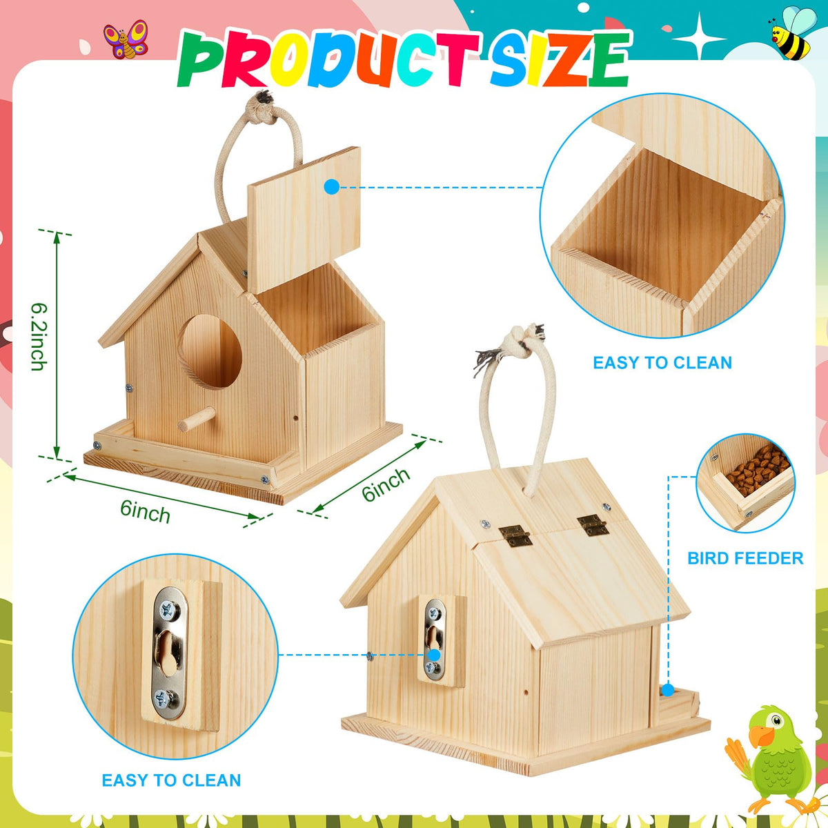 Liliful wooden birdhouse parts laid out, ready for simple assembly.