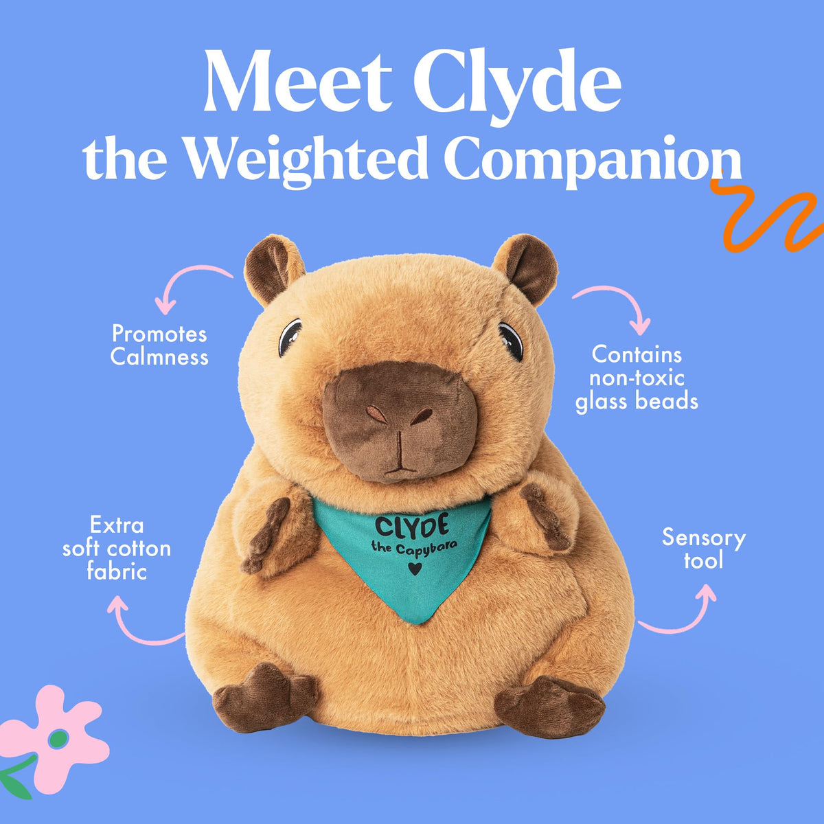 Lilly's Love capybara plush with removable weight bag for easy washing.