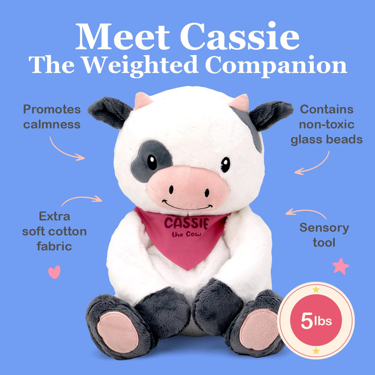 Lilly's Love Cassie the Cow with removable weight insert for easy machine washing.