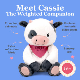 Lilly's Love Cassie the Cow with removable weight insert for easy machine washing.