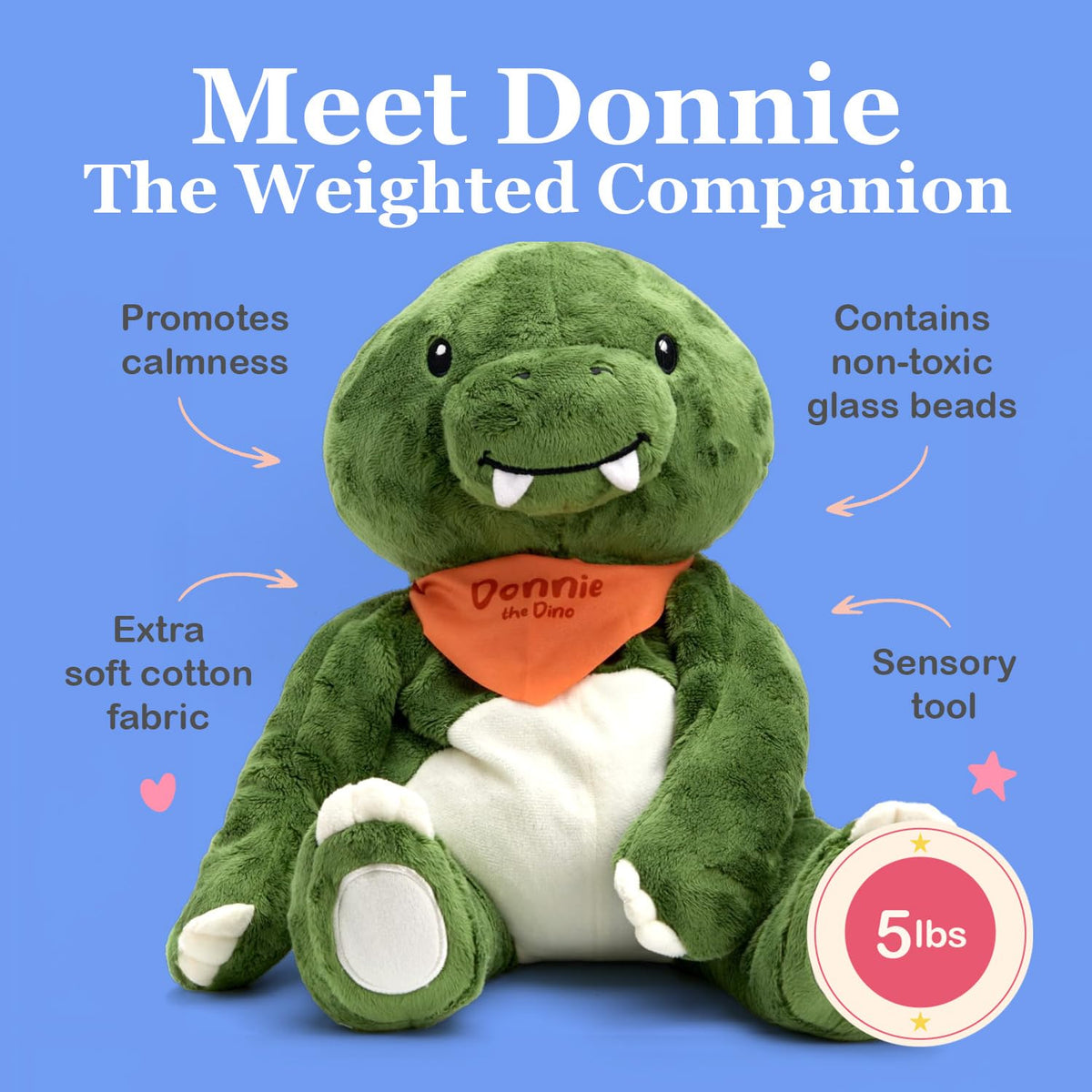Lilly's Love Donnie the Dino side view — soft plush with grounding weight