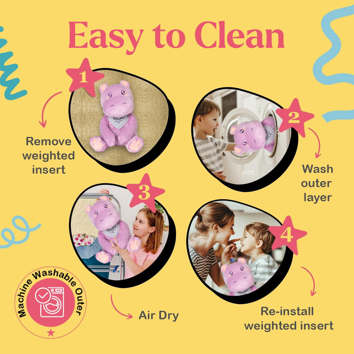 Henry the Hippo weighted plush machine washable design for fast cleanup.