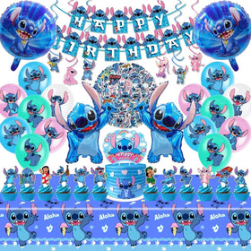 Lilo and Stitch party banner enhances the Stitch-themed birthday decor.