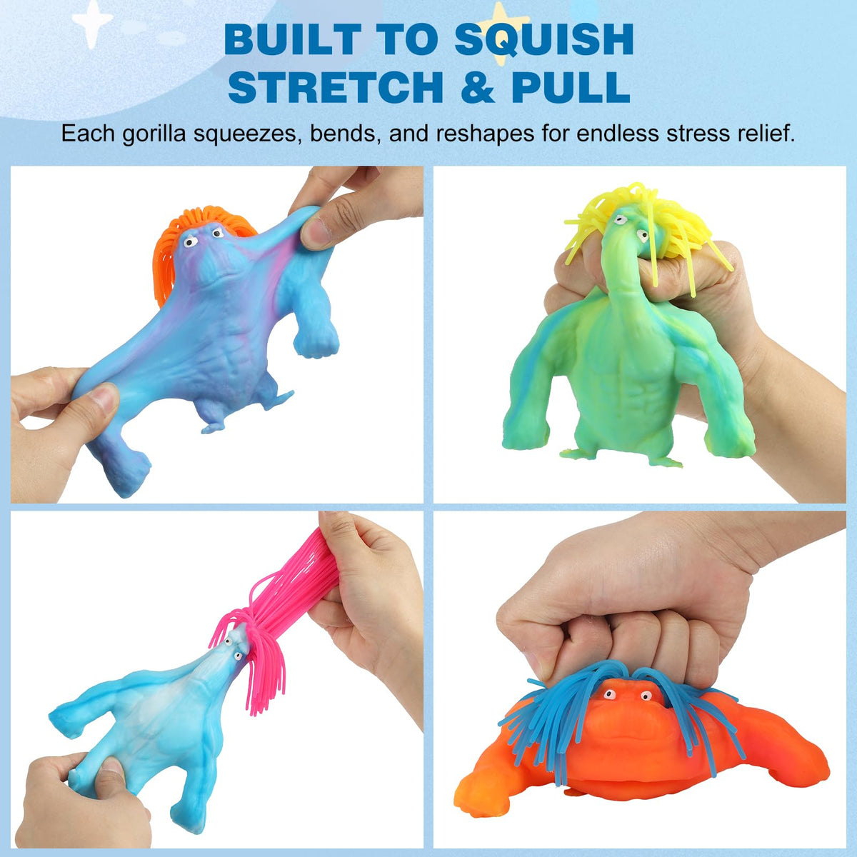 Lilycass Weird Hair Gorilla Stretchy Toy in bold colors supports desk focus through fidget play.