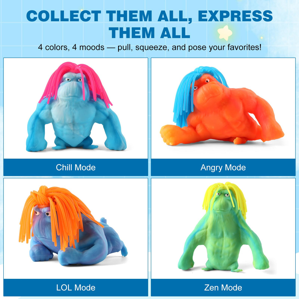 Lilycass Weird Hair Gorilla Stretchy Toy blue-red shade provides gentle squeeze to ease tension.