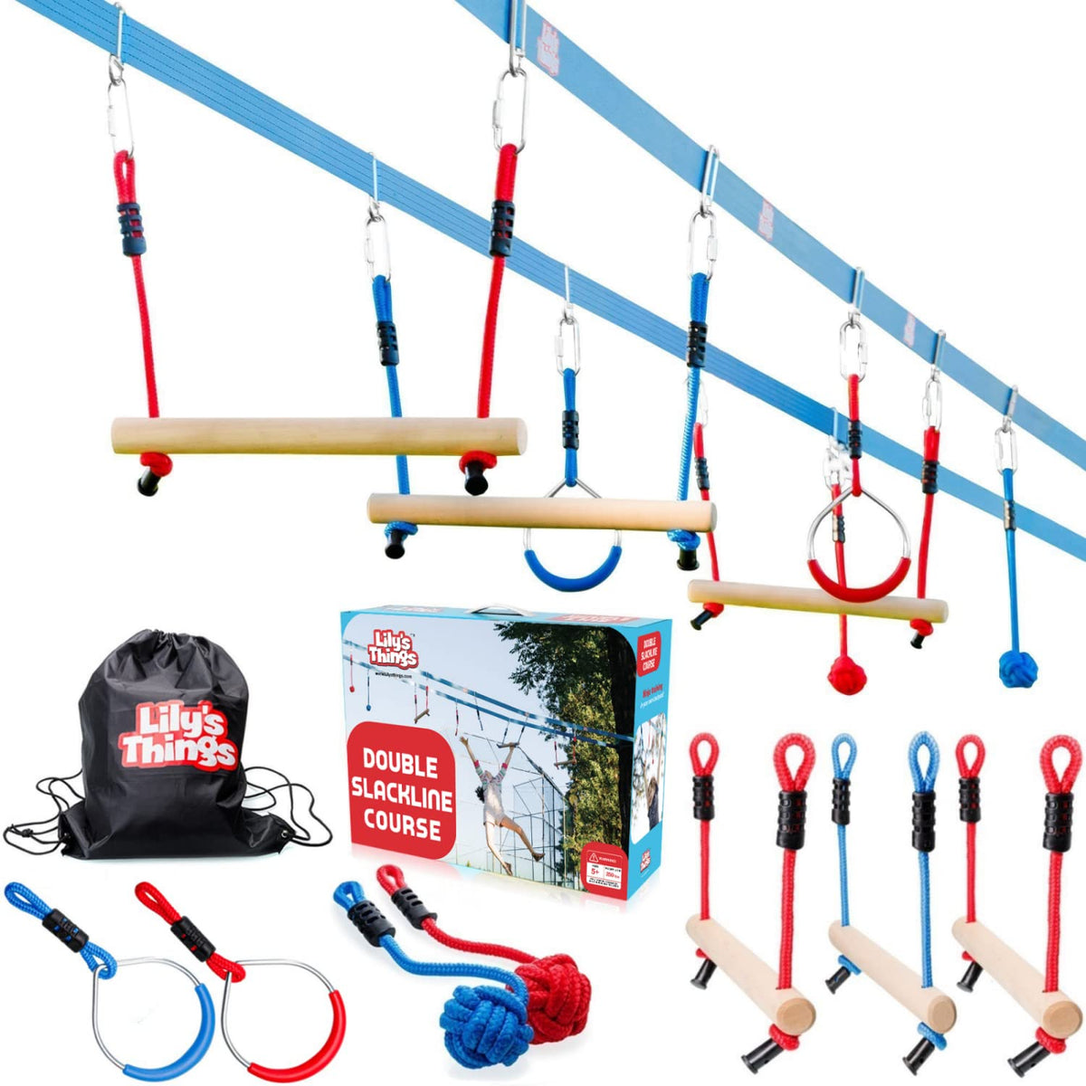 Lily's Things double ninja slackline 80ft line in a sunny backyard setup for active play