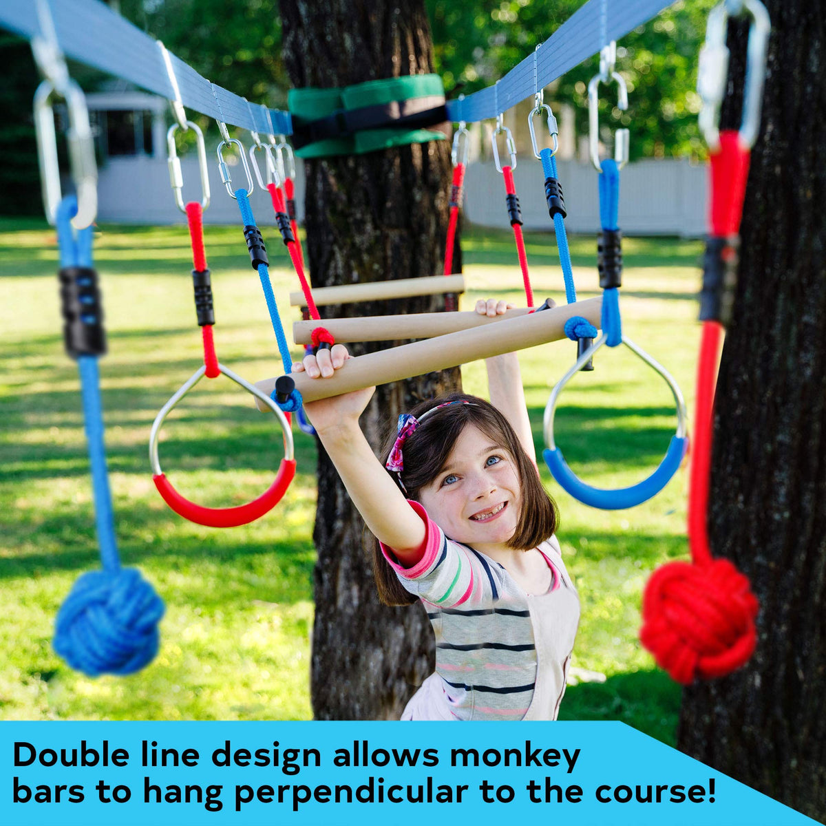 Lily's Things hanging rings attached to the slackline obstacle course