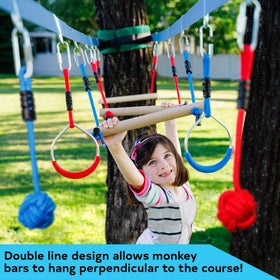 Lily's Things hanging rings attached to the slackline obstacle course