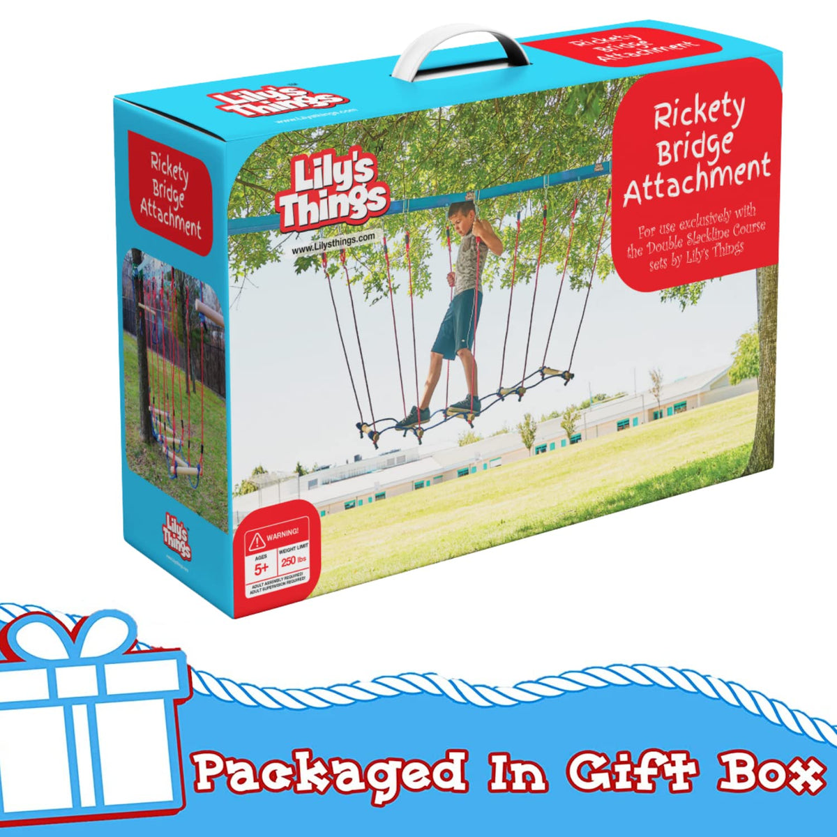 Lily's Things Rickety Bridge attachment boosts outdoor fun and core balance during backyard adventures.