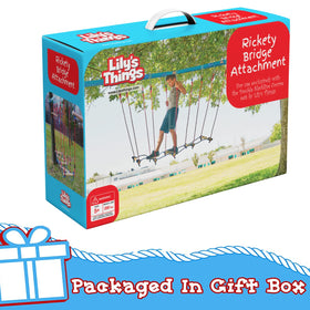 Lily's Things Rickety Bridge attachment boosts outdoor fun and core balance during backyard adventures.