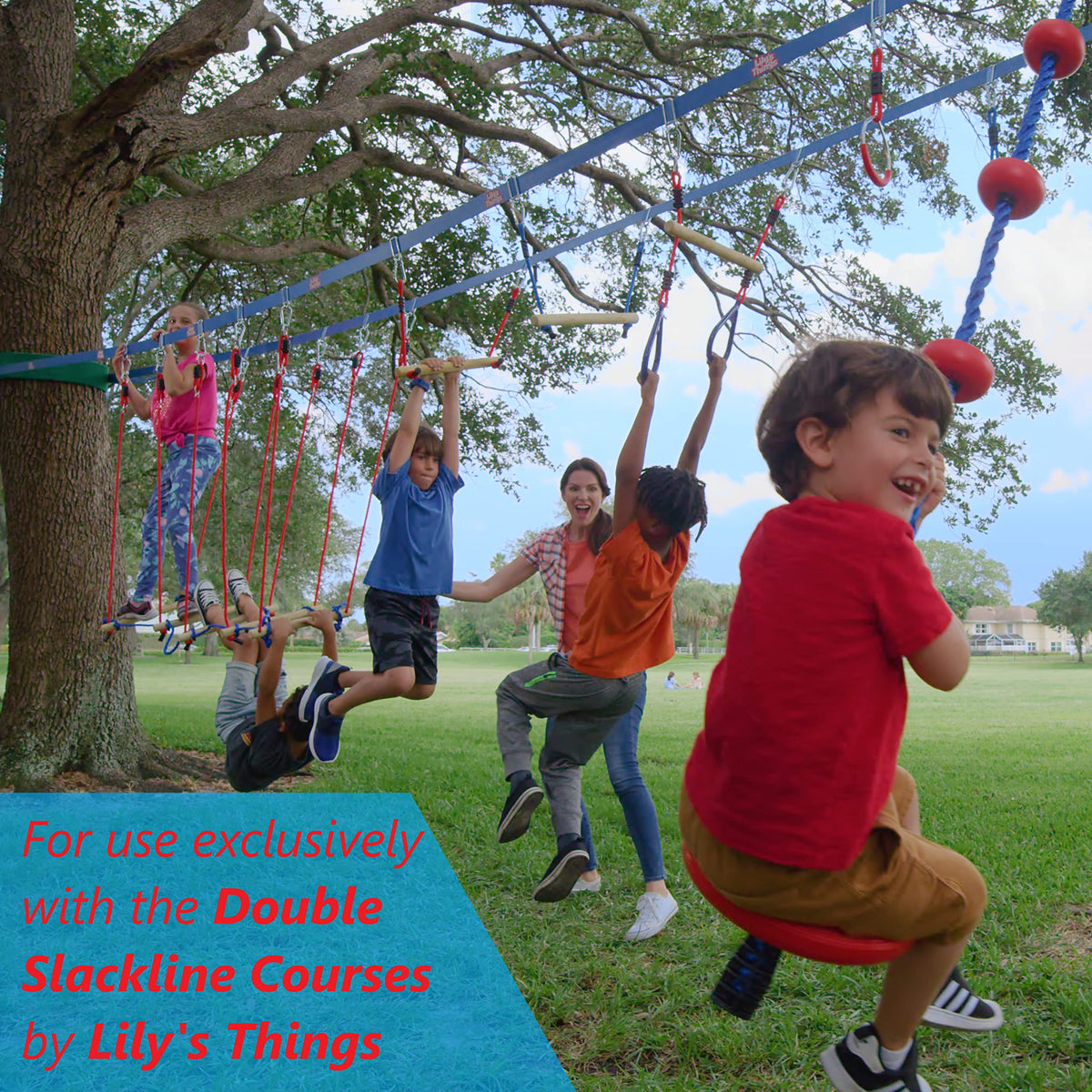 Lily's Things Rickety Bridge attachment compatible with double slackline courses for enhanced backyard play.