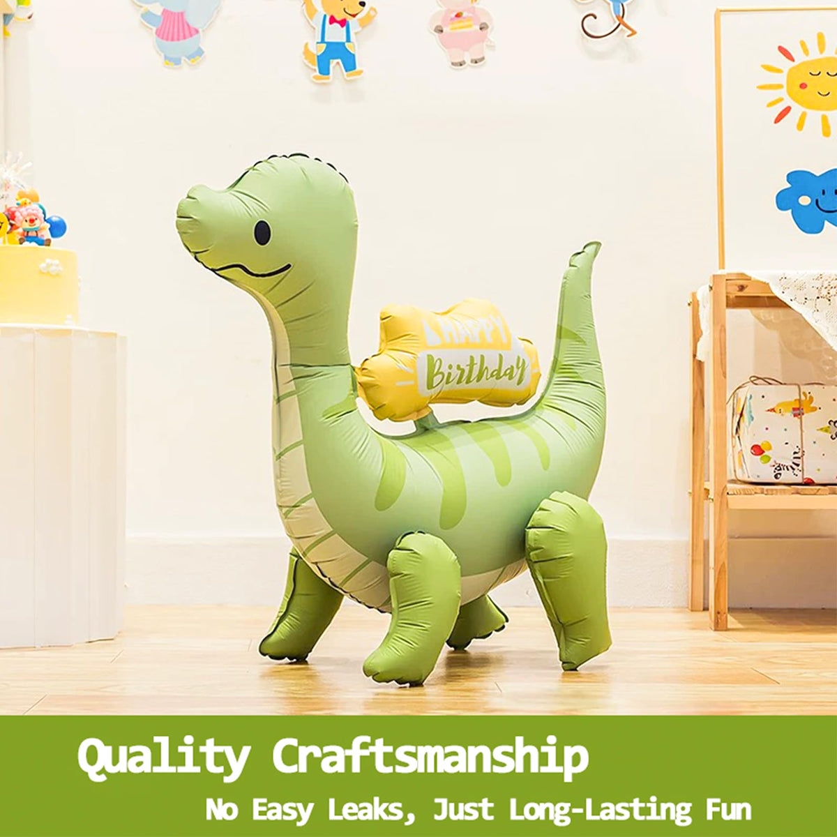 LilyZheng 3D Diplodocus balloon delivers whimsical room decor.
