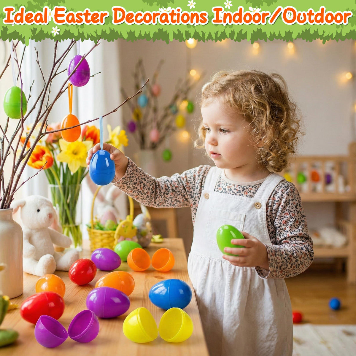 LINAYE backyard Easter egg hunt setup with colorful eggs.