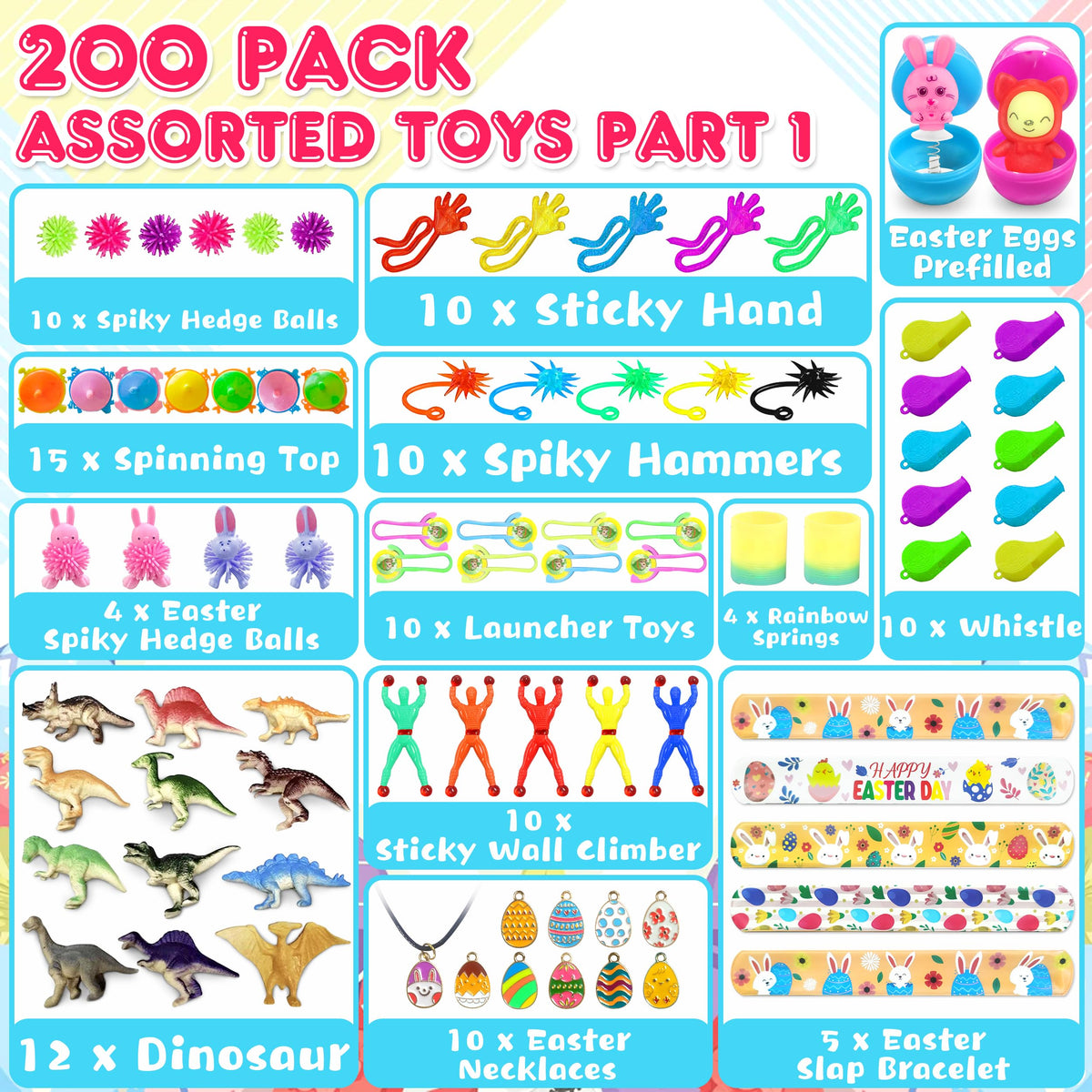 LINAYE prefilled eggs showcasing diverse toys for kids' party favors.