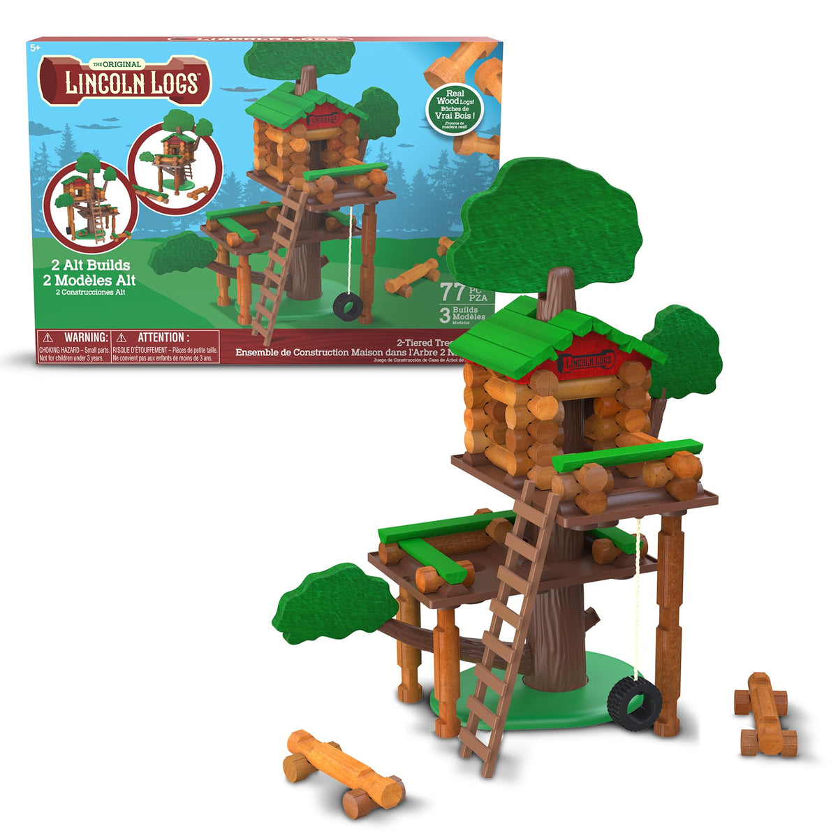 Lincoln Logs 2-Tier Tree House front view with tire swing for imaginative play